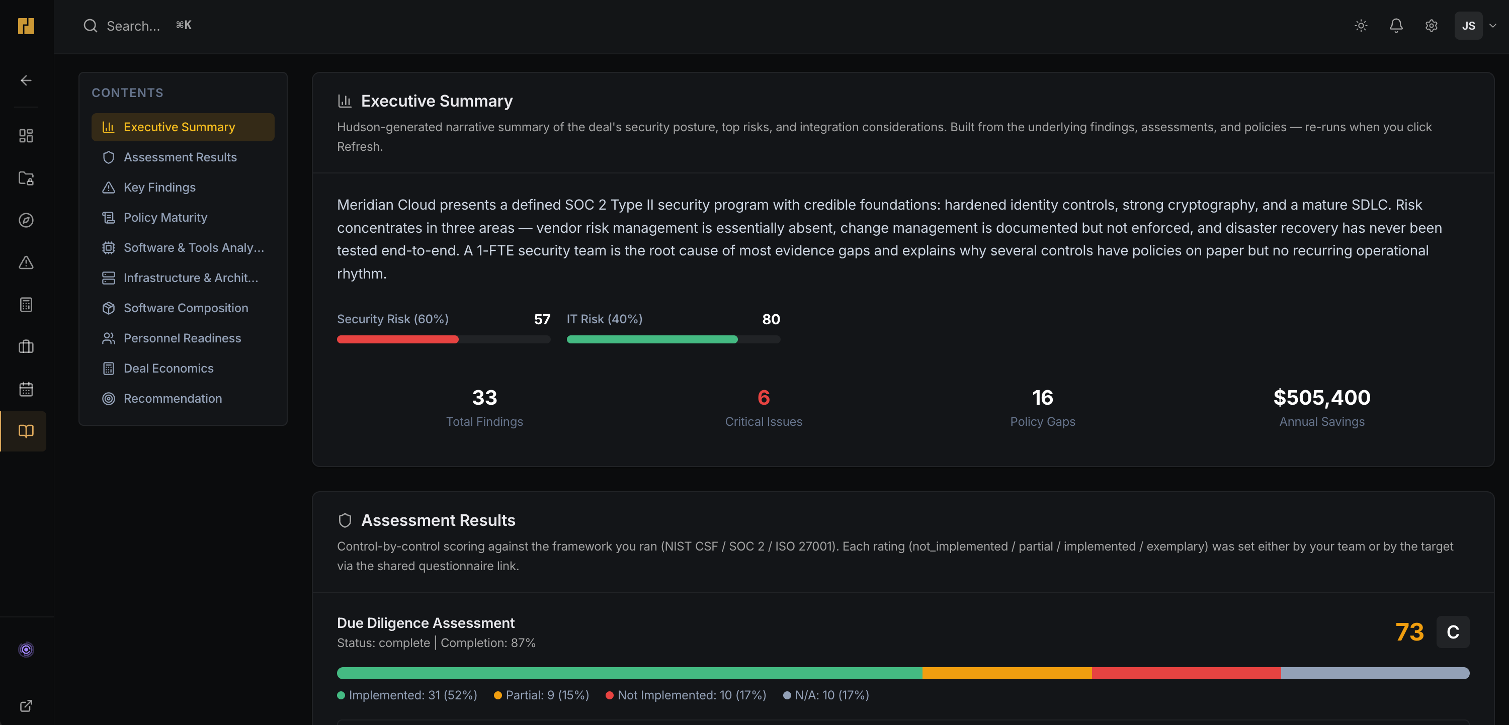 Anvil: a deal report with Hudson's executive summary, security and IT risk scores, findings and policy gaps, and the due diligence assessment score